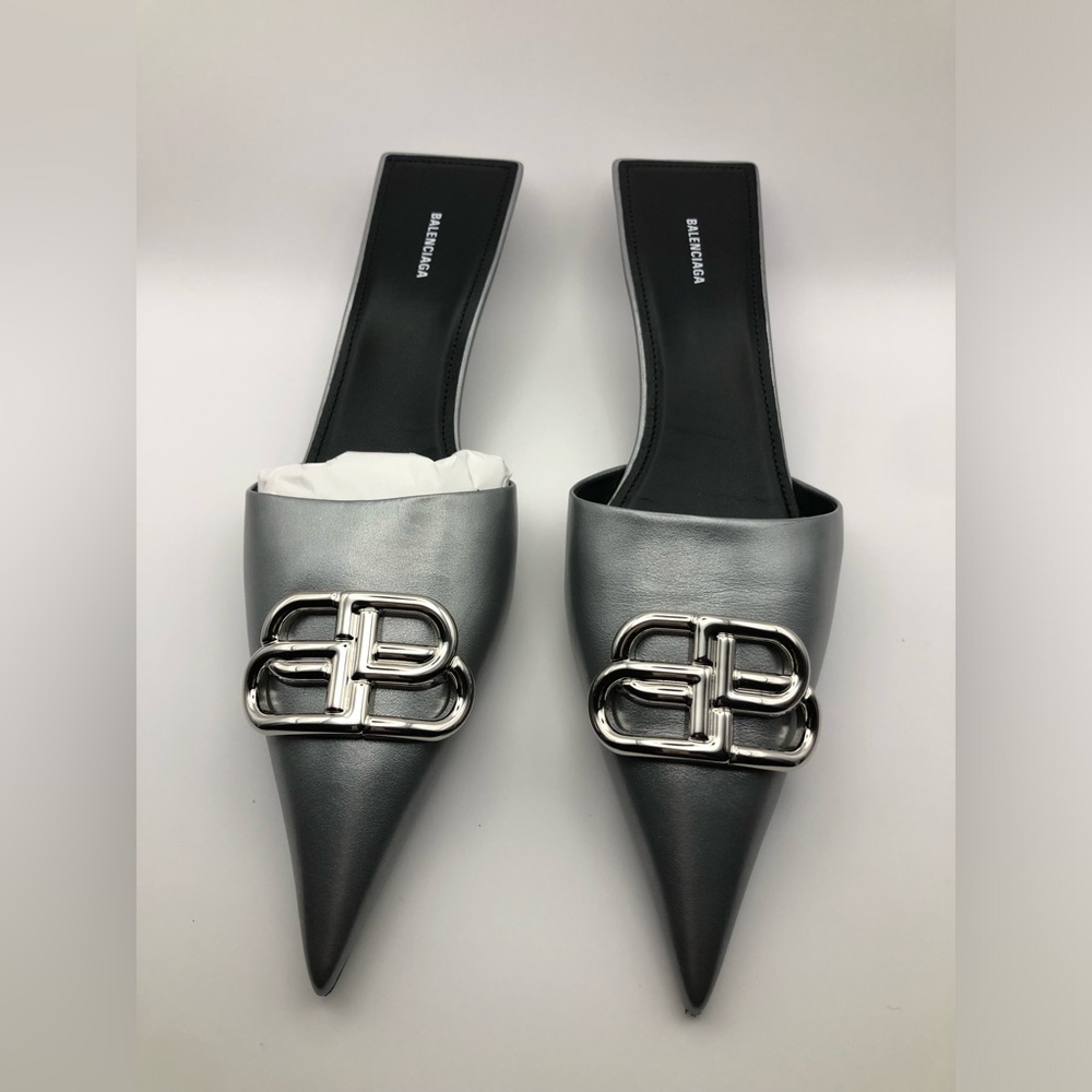 Balenciaga BB Square Knife Mules Metallic Silver Sz:37 Retail:$995